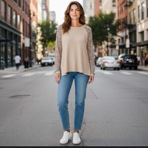 Gilli Beige Sweater with Leopard Print Sleeves